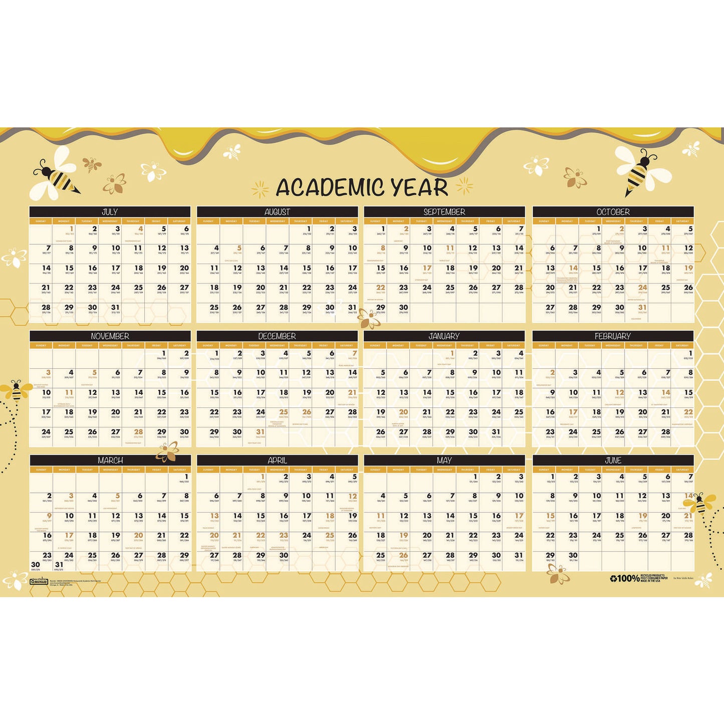 House of Doolittle 100% Recycled Academic Honeycomb Laminated Wall Calendar, 24 x 37, Tan/Yellow Sheets, 12-Month (July-June): 2024 to 2025 (39855)