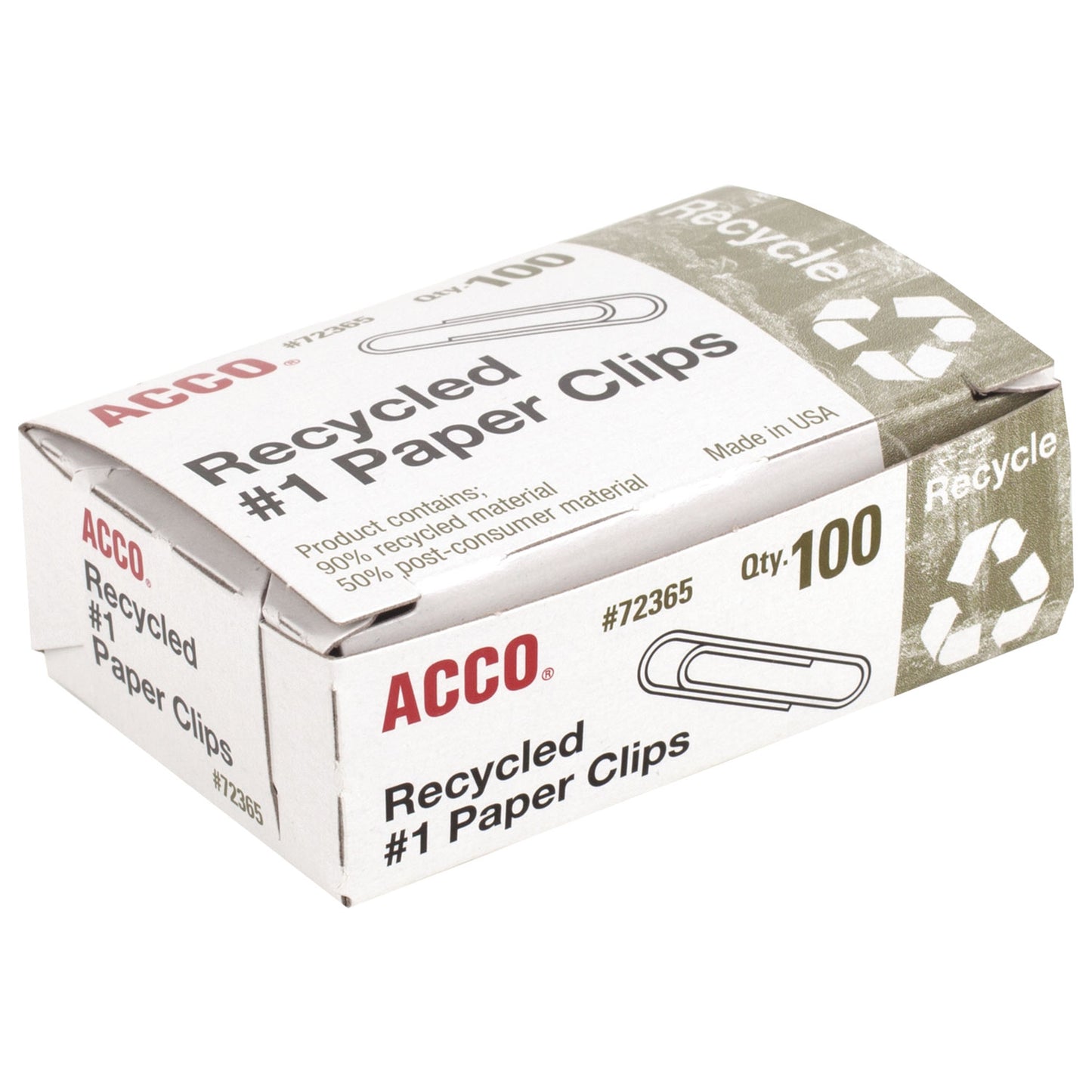 Acco Recycled Paper Clips, #1, Smooth, Silver, 100 Clips/Box, 10 Boxes/Pack (72365)