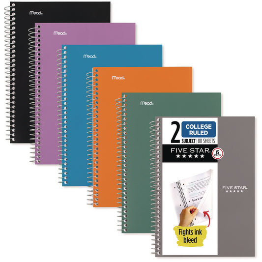 Five Star Wirebound Notebook, 2-Subject, Medium/College Rule, Assorted Cover Color, (80) 9.5 x 6.52 Sheets, 6/Pack (840029A)