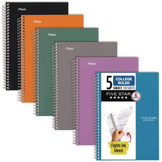 Five Star Wirebound Notebook, 5-Subject, Medium/College Rule, Assorted Cover Color, (150) 9.5 x 6.63 Sheets, 6/Pack (840030A)