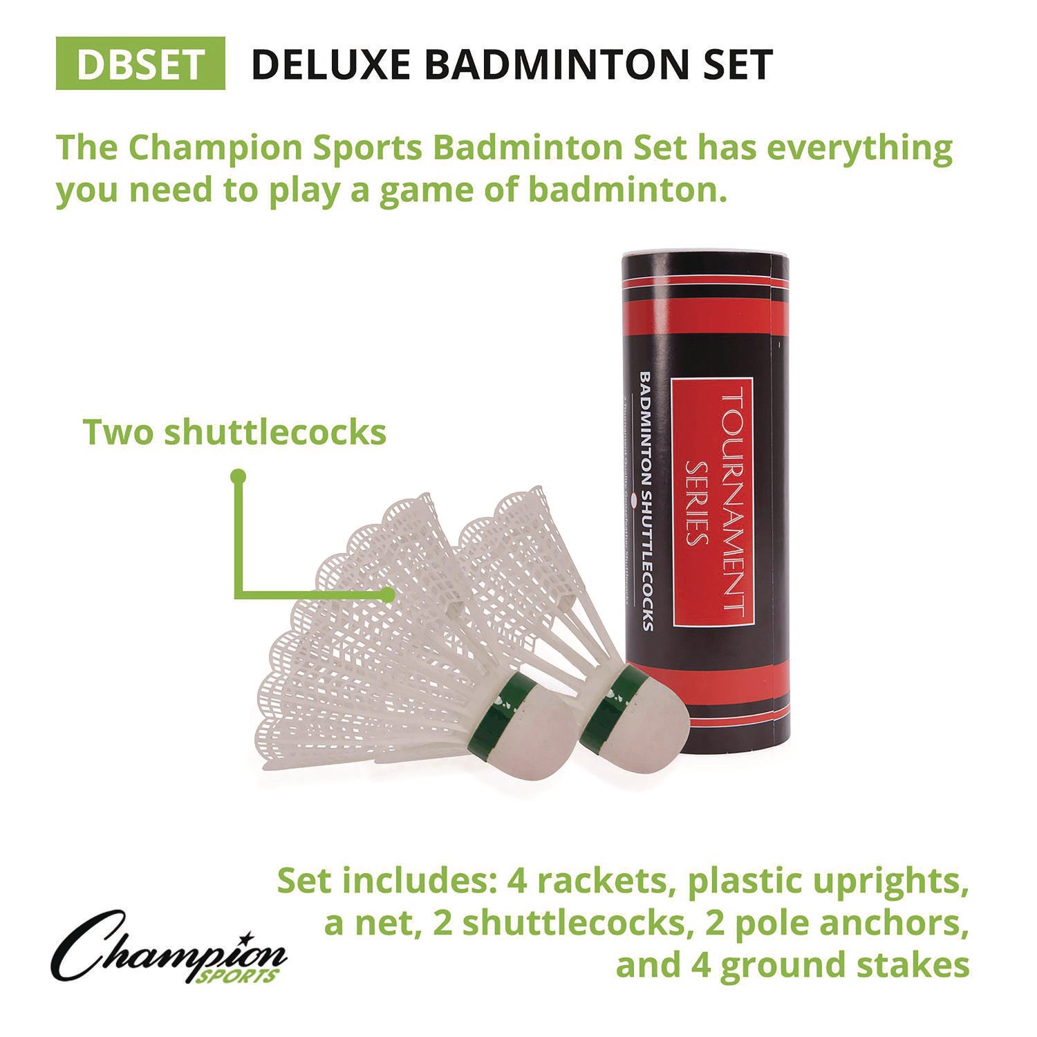 Champion Sports Deluxe Badminton Set, 20 ft Net with 4 Rackets, 2 Shuttlecocks (DBSET)