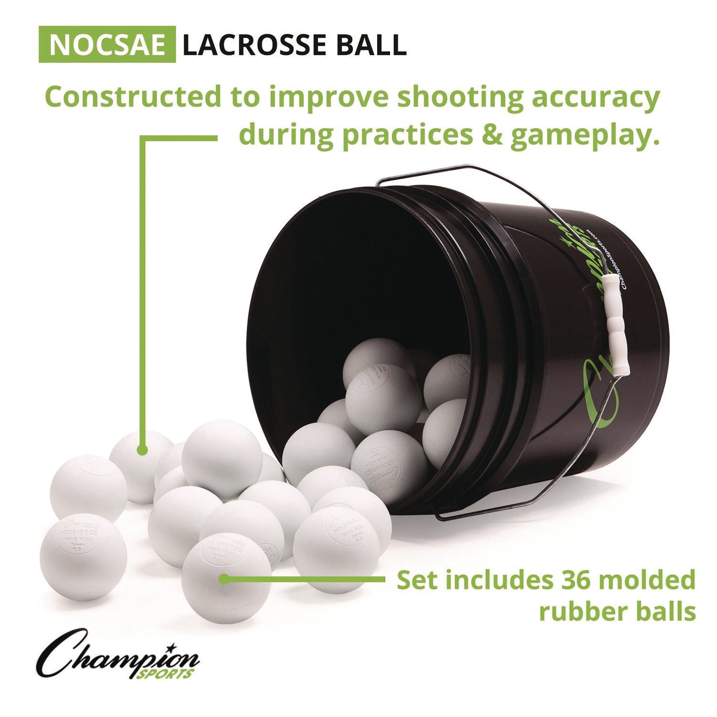 Champion Sports Lacrosse Balls in a Bucket, 11" x 11" Bucket with 36 White Rubber Balls (LBWN36)