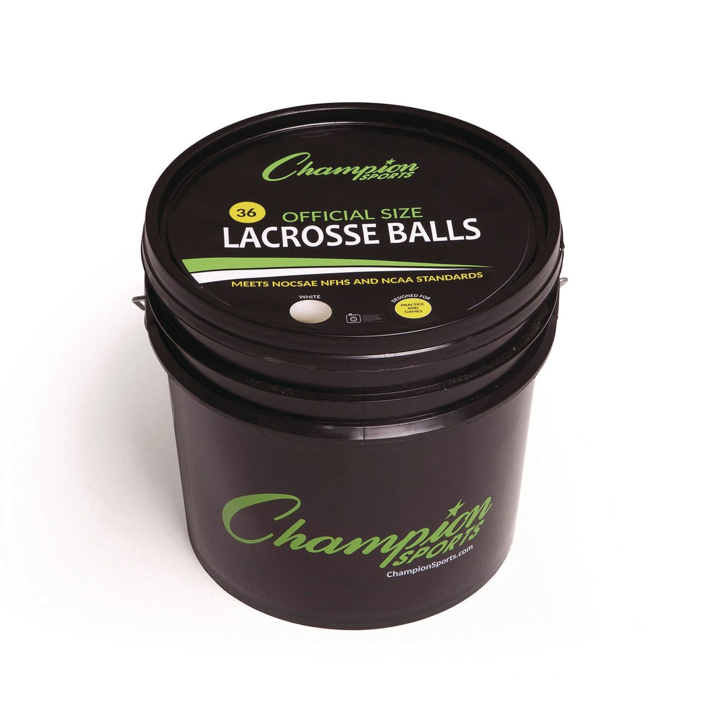 Champion Sports Lacrosse Balls in a Bucket, 11" x 11" Bucket with 36 White Rubber Balls (LBWN36)