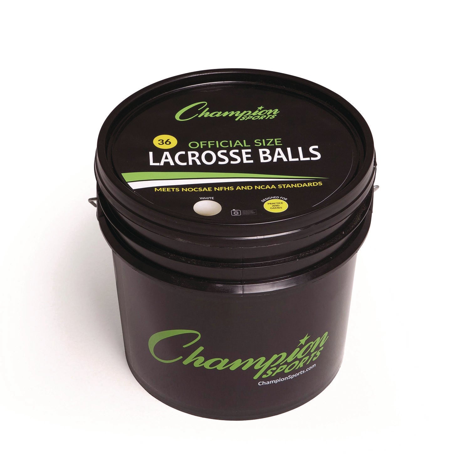 Champion Sports Lacrosse Balls in a Bucket, 11" x 11" Bucket with 36 White Rubber Balls (LBWN36)