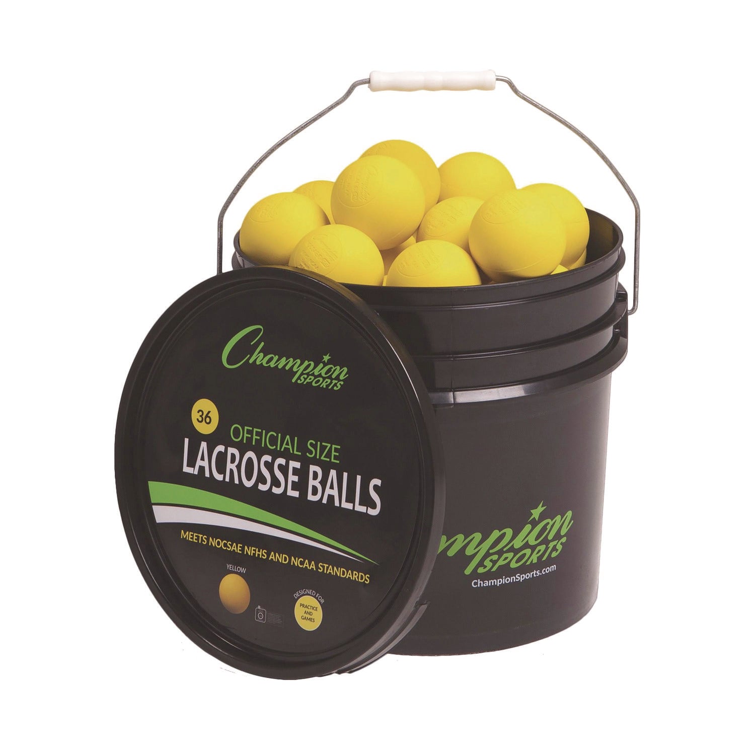 Champion Sports Lacrosse Balls in a Bucket, 11" x 11" Bucket with 36 Yellow Rubber Balls (LBYN36)