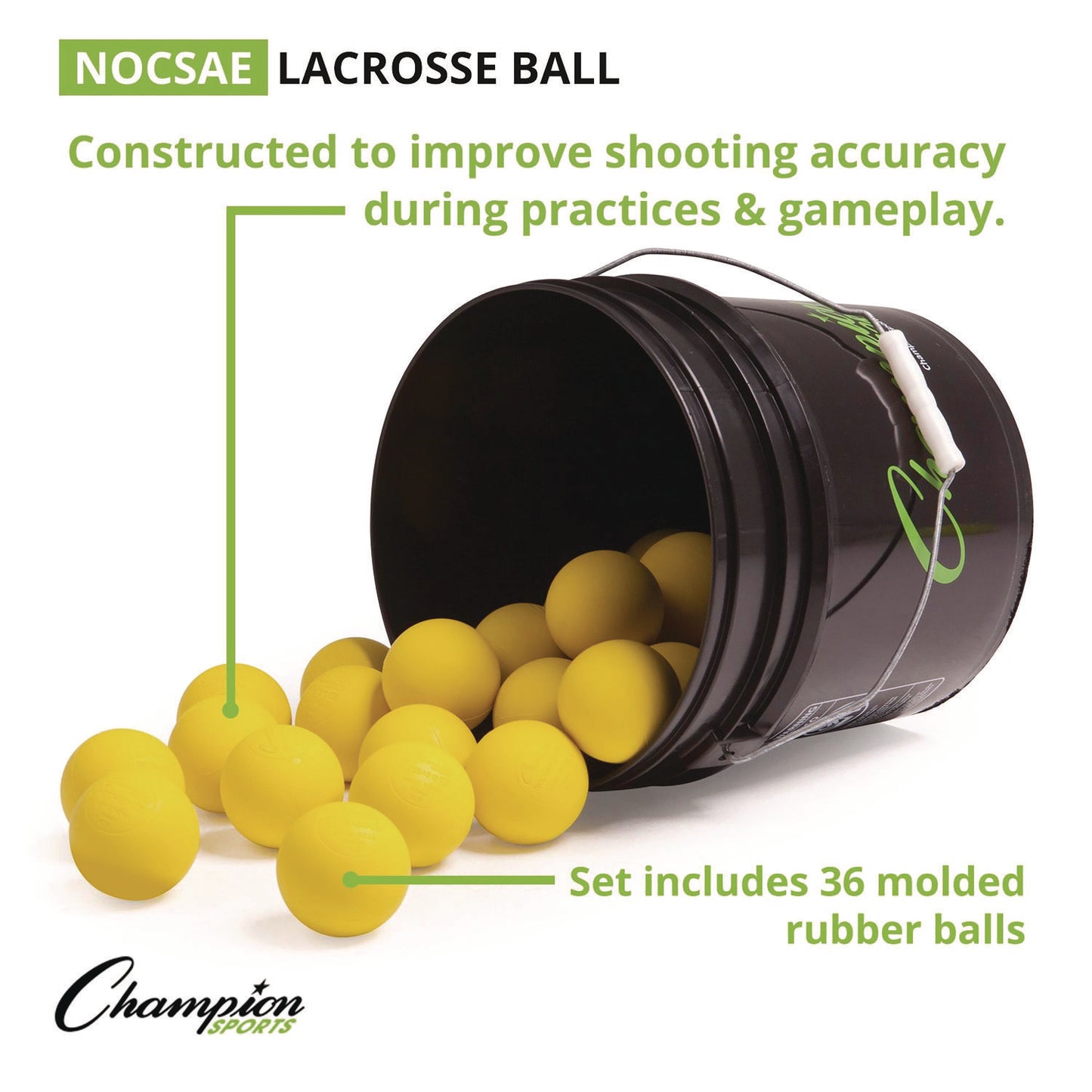 Champion Sports Lacrosse Balls in a Bucket, 11" x 11" Bucket with 36 Yellow Rubber Balls (LBYN36)