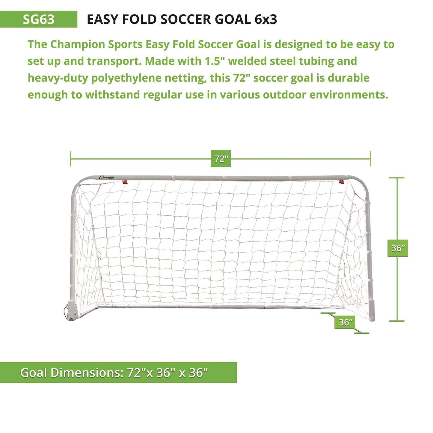 Champion Sports Easy Fold Soccer Goal, 6 ft  x 3 ft, 1.25" dia Frame (SG63)