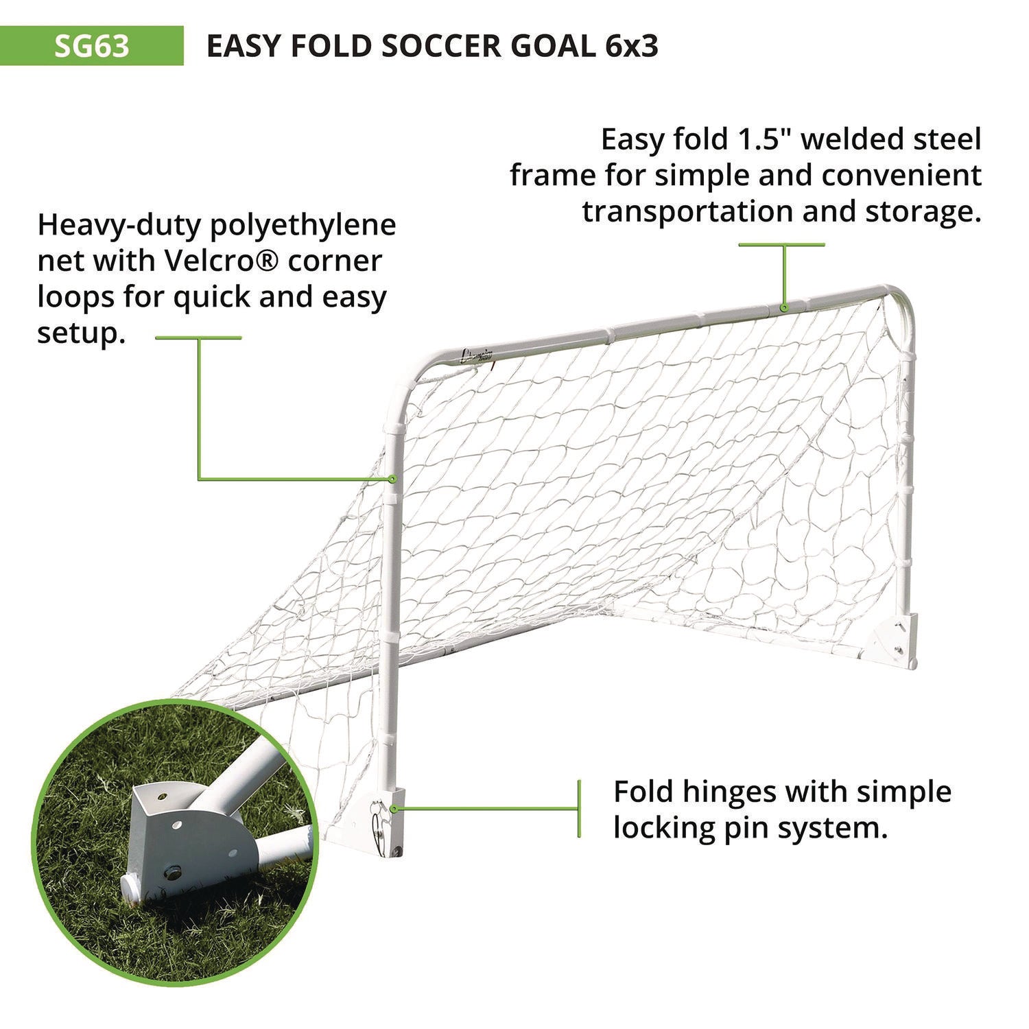 Champion Sports Easy Fold Soccer Goal, 6 ft  x 3 ft, 1.25" dia Frame (SG63)