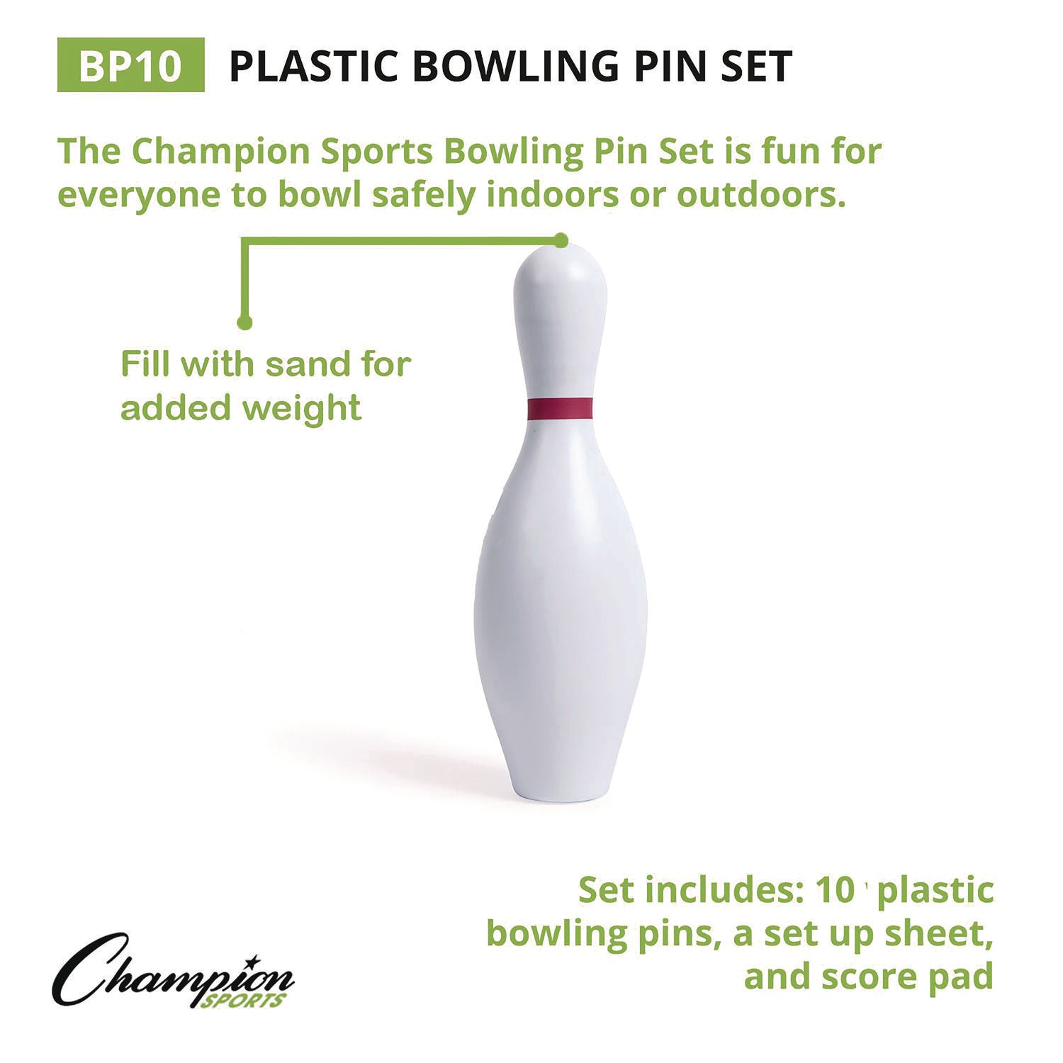 Champion Sports Plastic Bowling Pin Set, White, 10/Set (BP10)