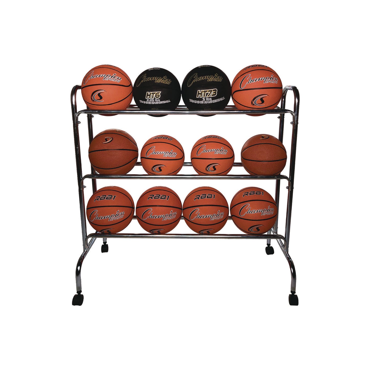 Champion Sports Powder-Coated Ball Cart, Metal, 132 lb Capacity, 17 x 41 x 41, Silver (BRC3)