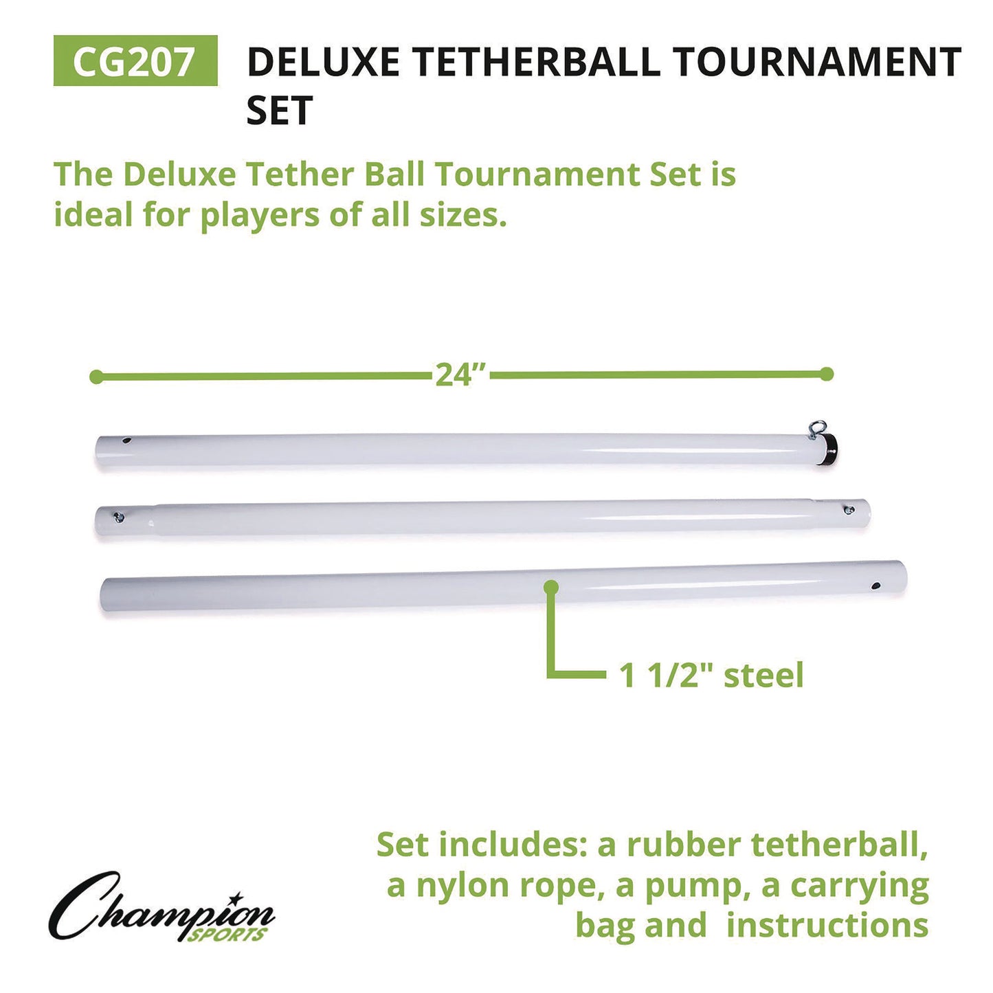 Champion Sports Deluxe Tetherball Tournament Set, Ball/24" Telescopic Poles/102" Cord/Carry Case/Pump/Needle (CG207)