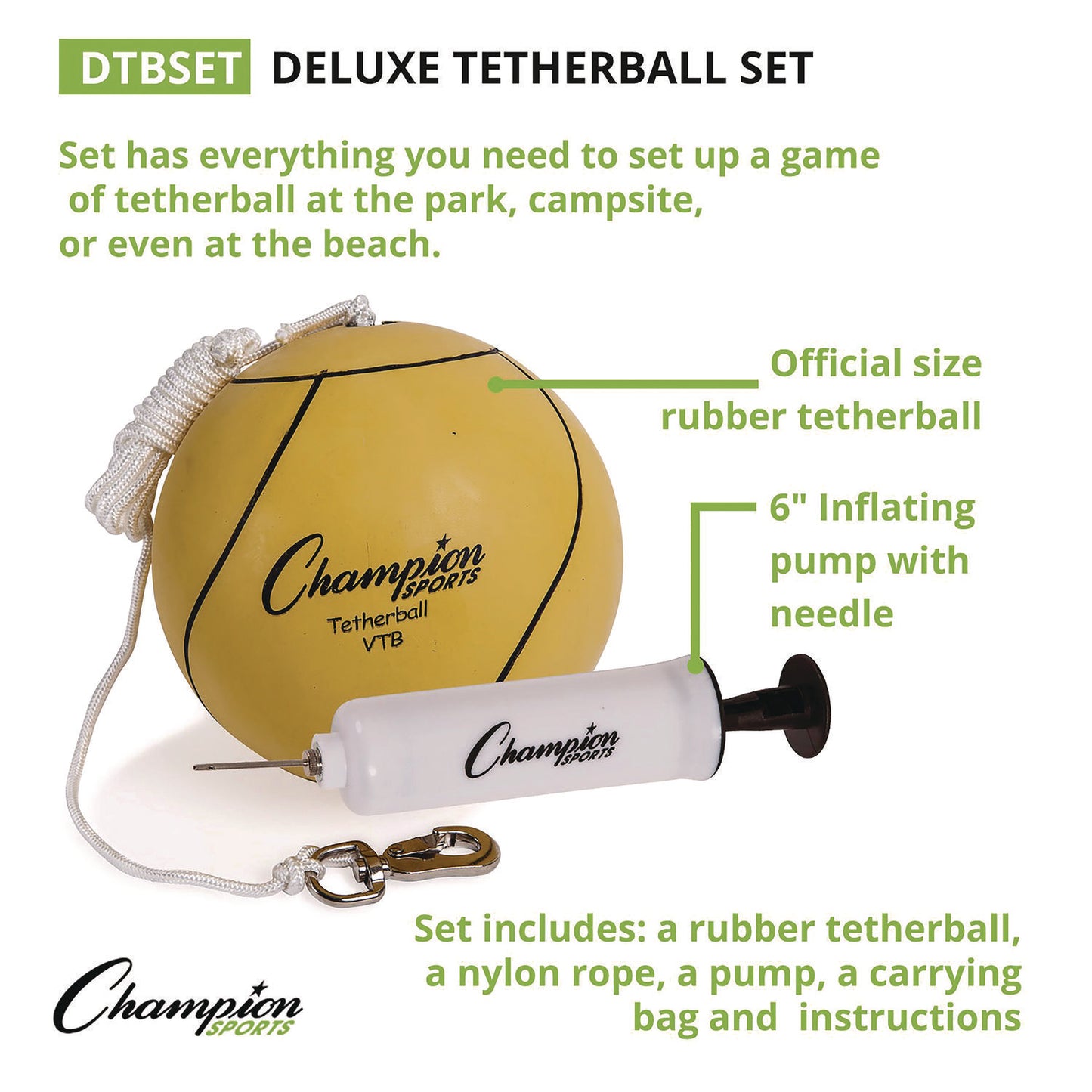 Champion Sports Deluxe Tether Ball Set, Tetherball/102" Cord/(4) 24" Telescoping Poles/Carry Bag/Pump with Needle (DTBSET)