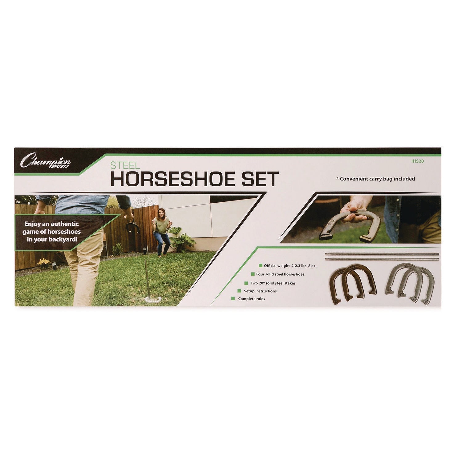 Champion Sports Steel Horseshoe Set, (4) Horseshoes/(2) 20" Stakes/Nylon Carry Bag (IHS20)