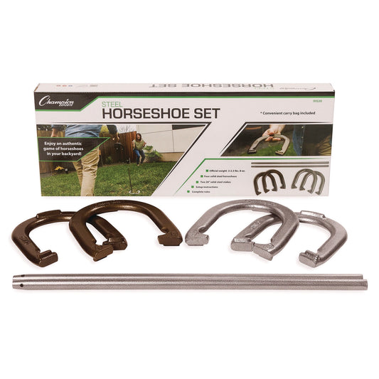 Champion Sports Steel Horseshoe Set, (4) Horseshoes/(2) 20" Stakes/Nylon Carry Bag (IHS20)