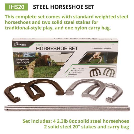 Champion Sports Steel Horseshoe Set, (4) Horseshoes/(2) 20" Stakes/Nylon Carry Bag (IHS20)