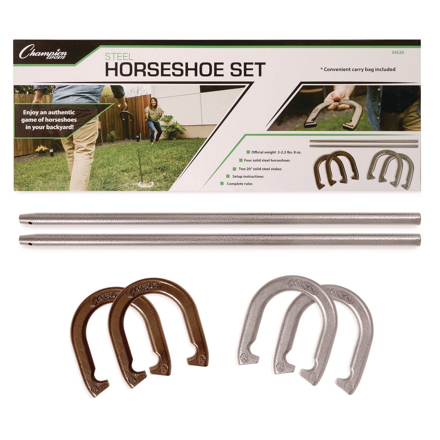 Champion Sports Steel Horseshoe Set, (4) Horseshoes/(2) 20" Stakes/Nylon Carry Bag (IHS20)