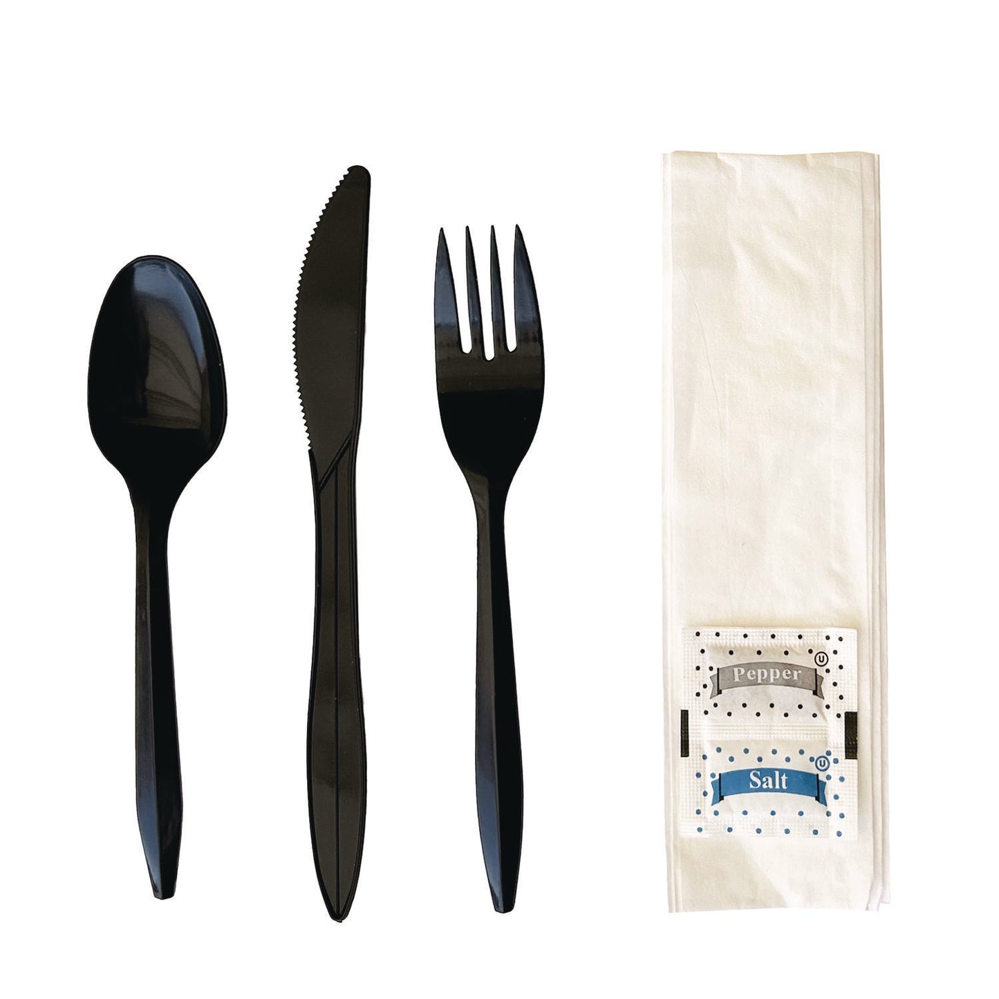 Boardwalk Six-Piece Cutlery Kit, Fork/Knife/Napkin/Pepper/Salt/Spoon, Black, 250/Carton (COMBO6KIT)