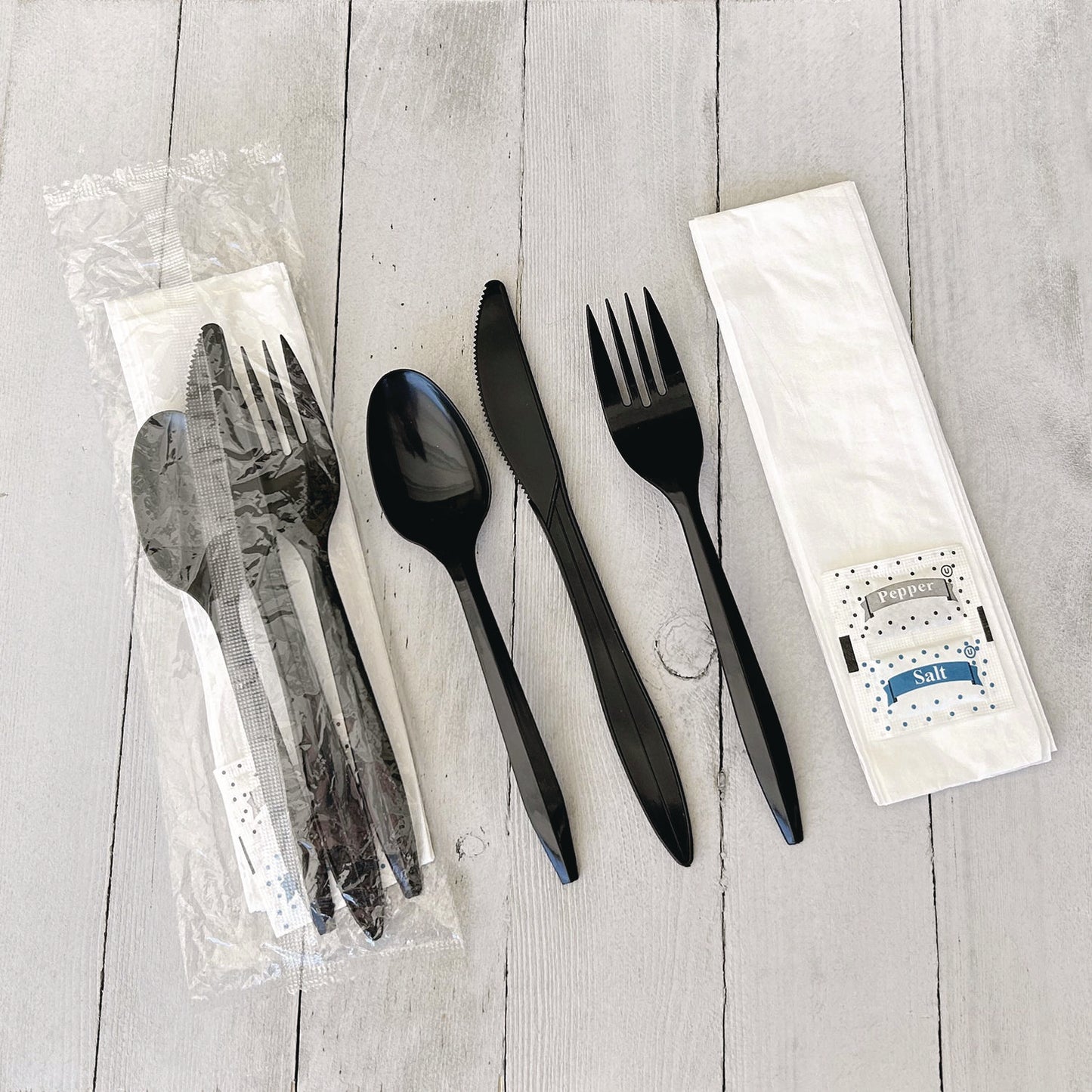 Boardwalk Six-Piece Cutlery Kit, Fork/Knife/Napkin/Pepper/Salt/Spoon, Black, 250/Carton (COMBO6KIT)