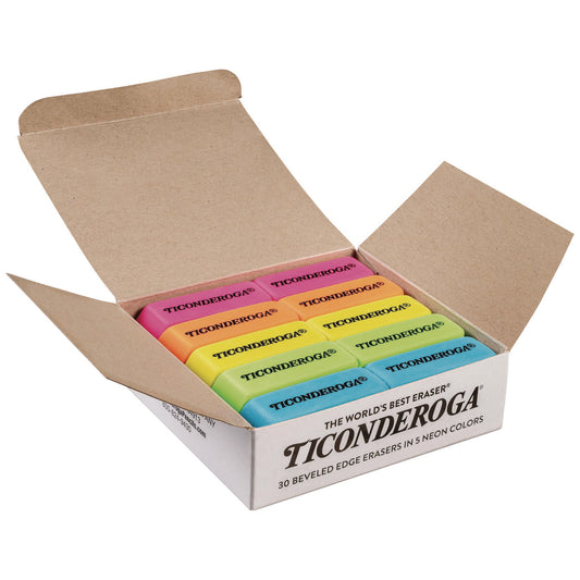 Ticonderoga Neon Wedged Block Erasers, For Pencil Marks, Slanted-Edge Rectangular Block, Medium, Assorted Colors, 30/Box (X38930)