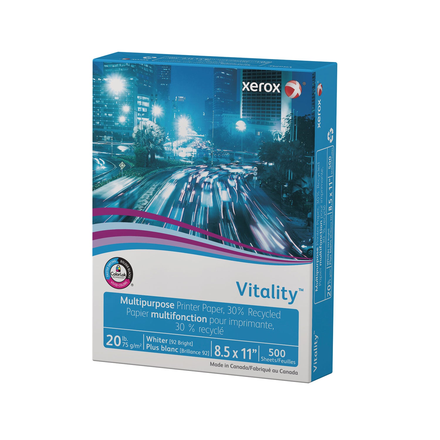 Xerox Vitality 30% Recycled Multipurpose Paper, 92 Bright, 20 lb Bond Weight, 8.5 x 11, White, 500/Ream (3R06296)