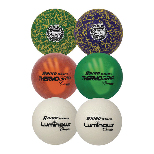 Champion Sports Rhino Skin Variety Dodgeball Set, 6.3" Diameter, Luminous/Spider/ThermoGrip, 6/Set (RXVARIETYSET)