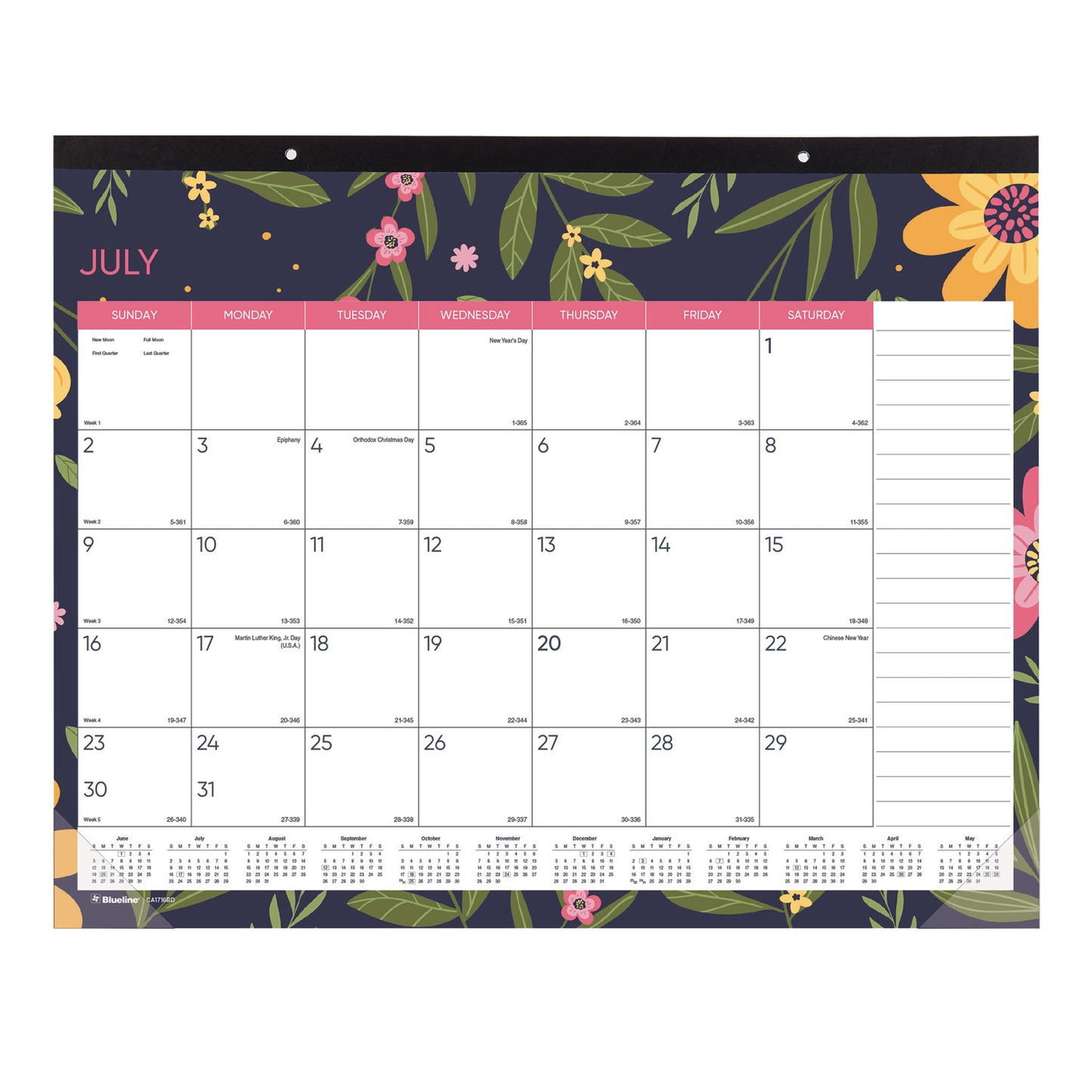 Blueline Academic 18-Month Desk Pad Calendar, 22 x 17, White/Multicolor Sheets, Black Headband, 18-Month (July to Dec): 2024 to 2025 (CA1716BD)