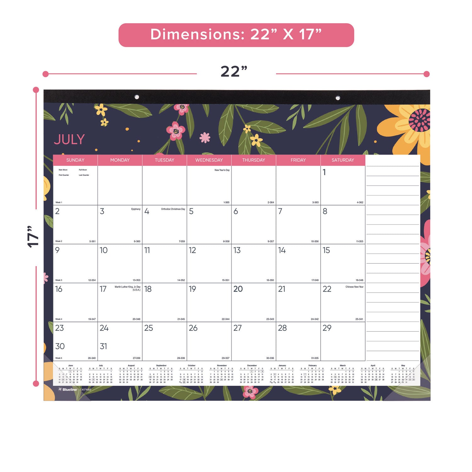 Blueline Academic 18-Month Desk Pad Calendar, 22 x 17, White/Multicolor Sheets, Black Headband, 18-Month (July to Dec): 2024 to 2025 (CA1716BD)