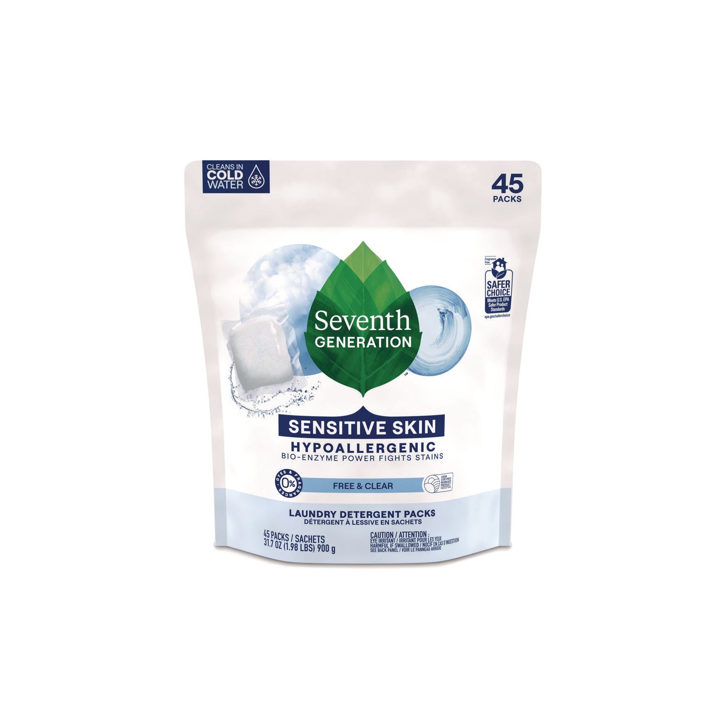 Seventh Generation Natural Laundry Detergent Packs, Powder, Unscented, 45 Packets/Pack (22977)