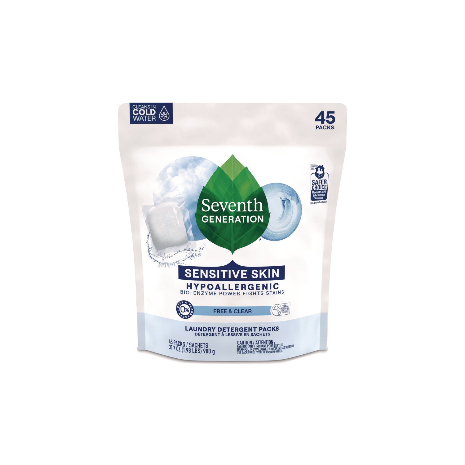 Seventh Generation Natural Laundry Detergent Packs, Powder, Unscented, 45 Packets/Pack (22977)