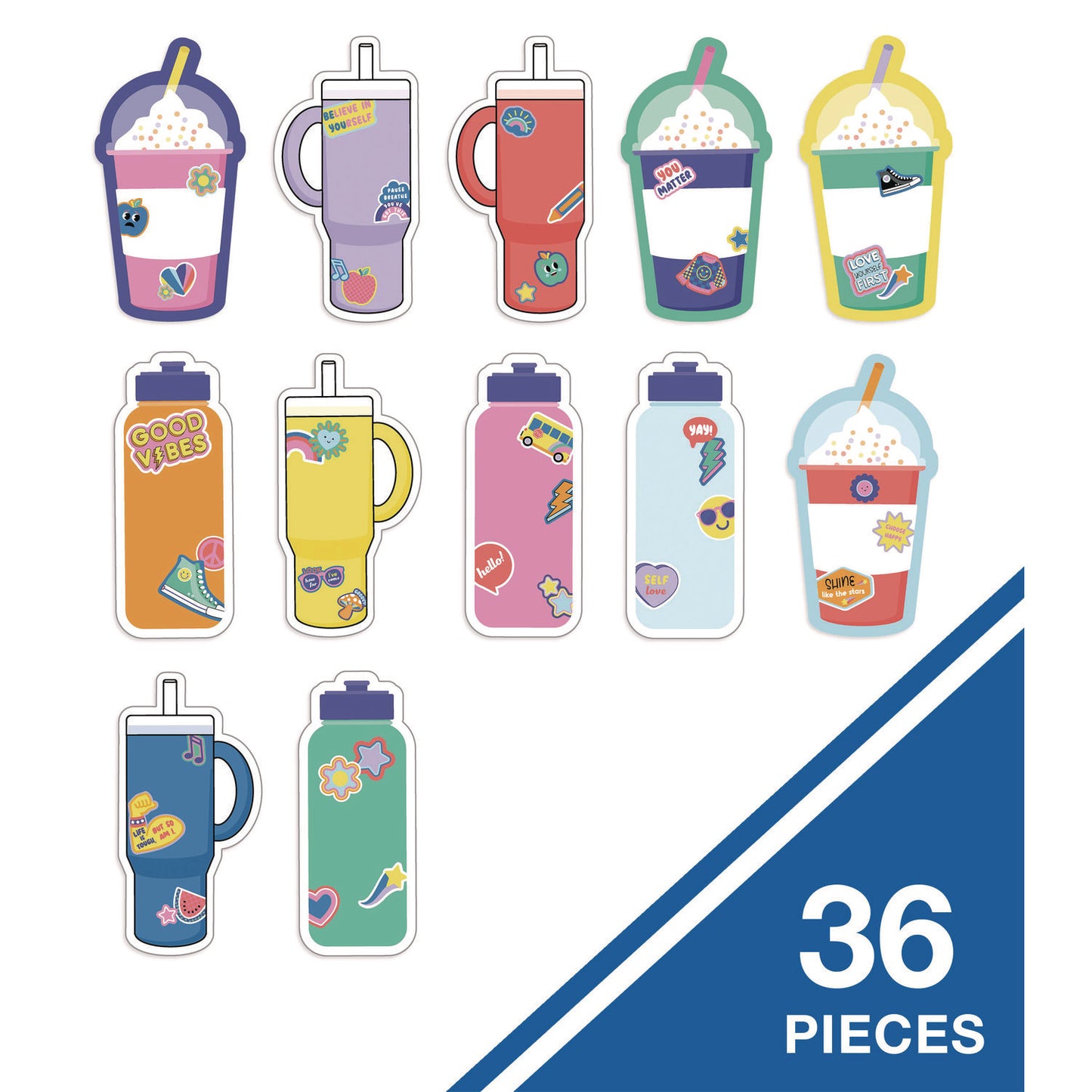 Carson-Dellosa Assorted Colorful Cut-Outs, 36-Piece Set, We Stick Together: Cups + Water Bottles, 5.8" x 8", Multicolor (120651)