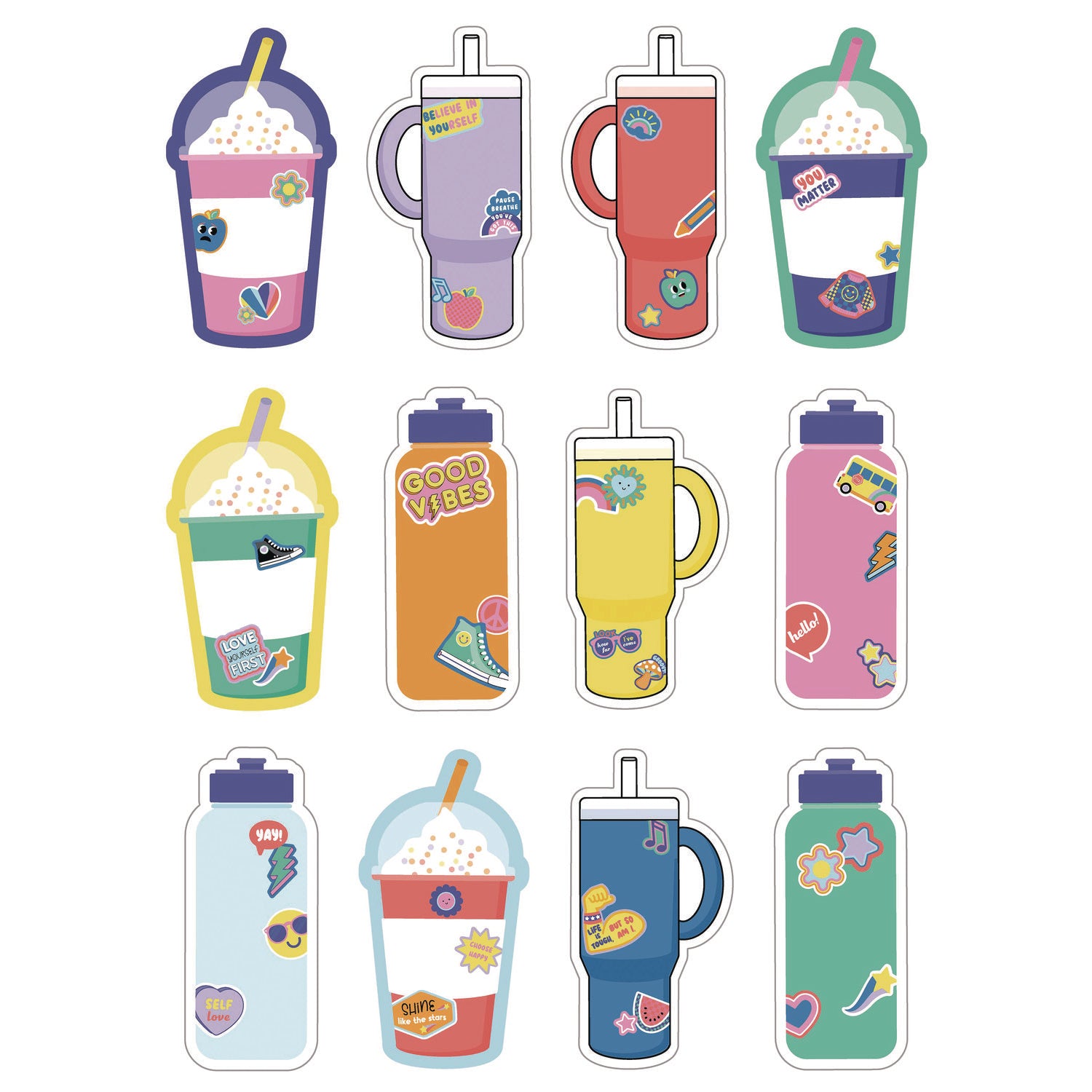 Carson-Dellosa Assorted Colorful Cut-Outs, 36-Piece Set, We Stick Together: Cups + Water Bottles, 5.8" x 8", Multicolor (120651)