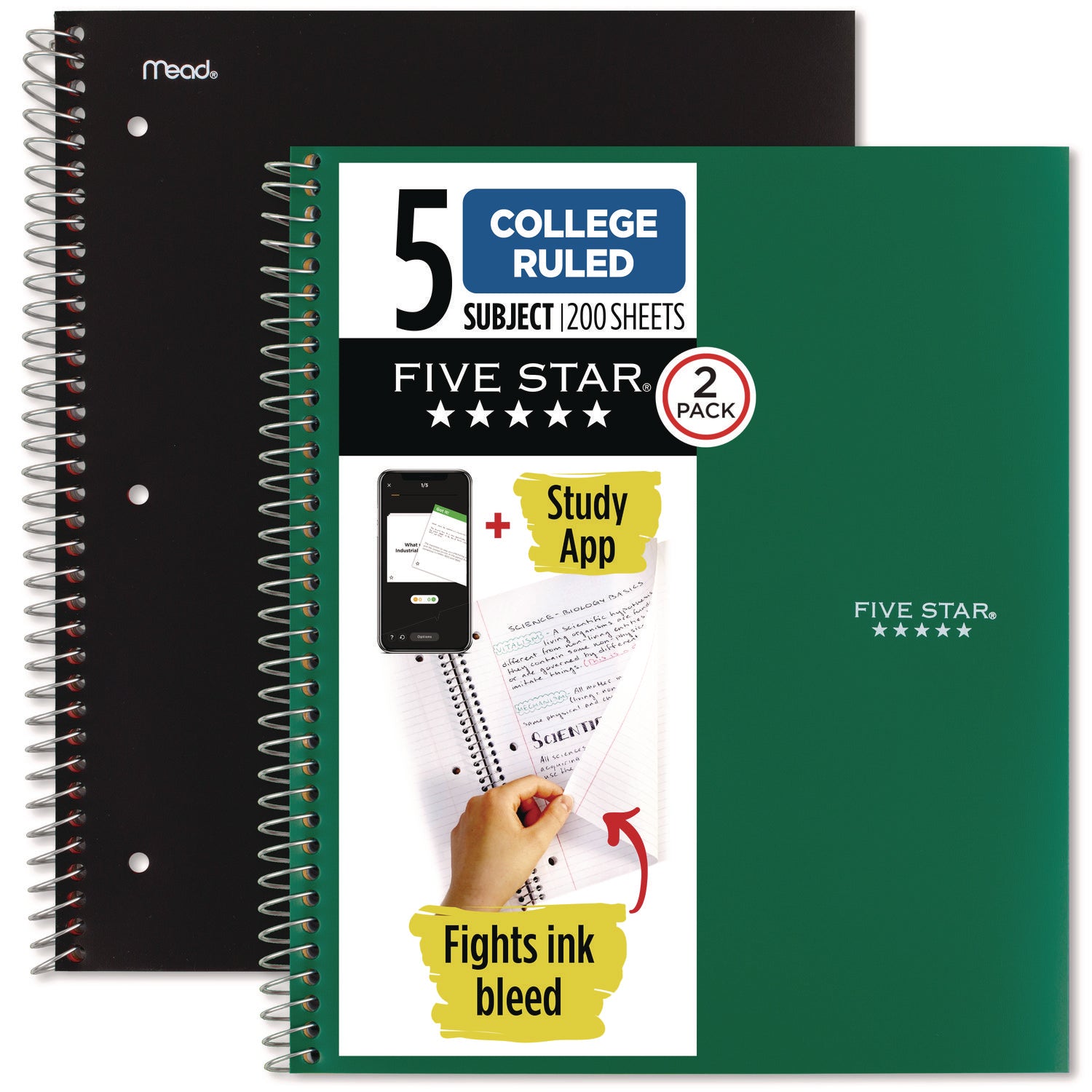 Five Star Wirebound Notebook, 5-Subject, Medium/College Rule, Assorted Cover Colors, (200) 11 x 8.5 Sheets, 2/Pack (820190)