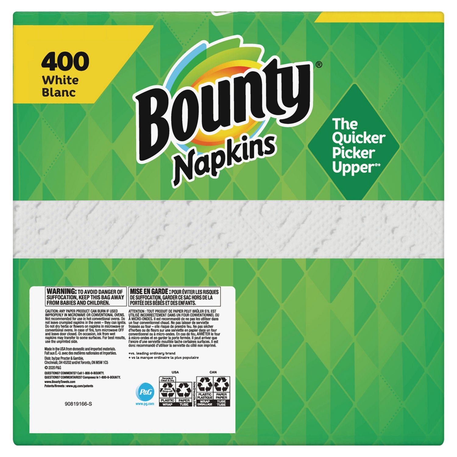 Bounty Quilted Napkins, 2-Ply, 12.1 x 12, White, 400/Pack, 4 Packs/Carton (19096)