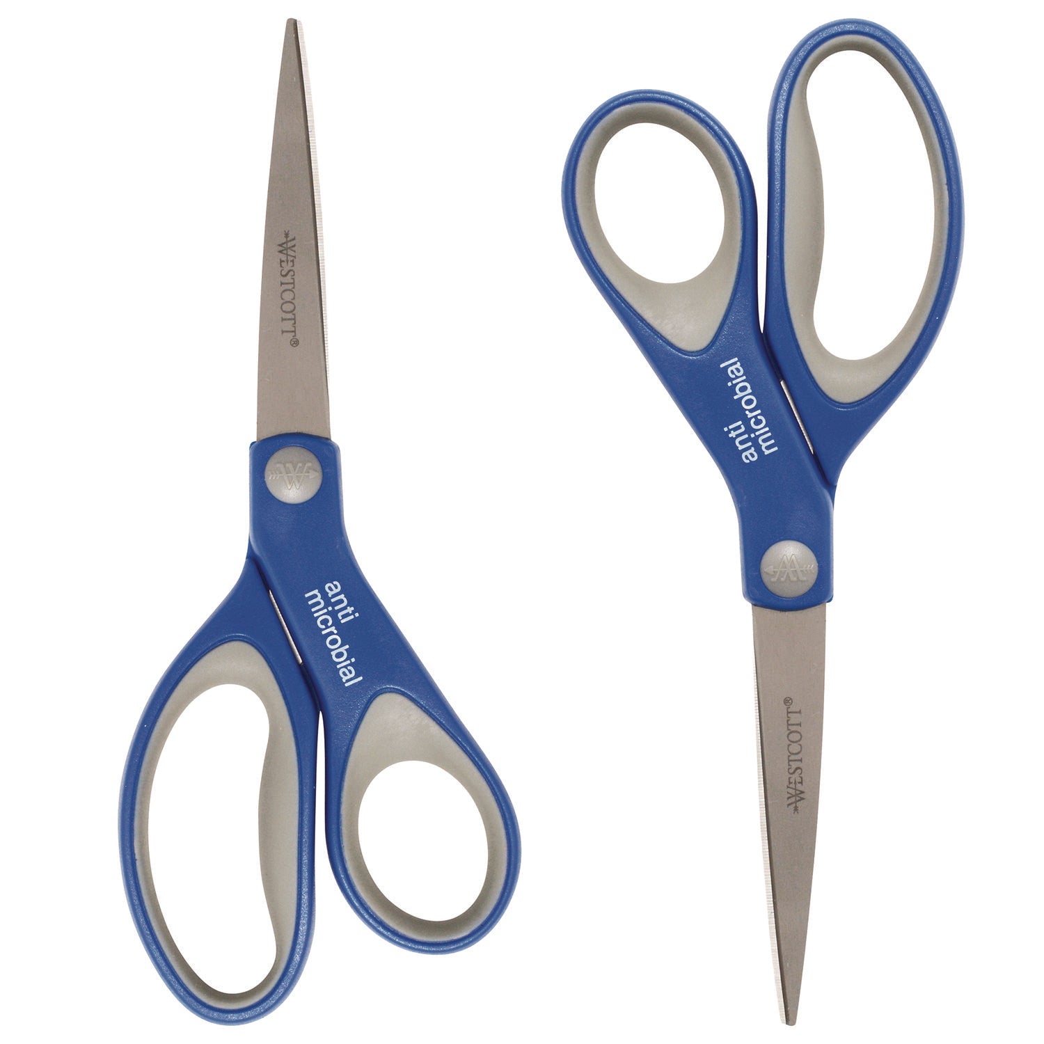 Westcott Scissors with Antimicrobial Protection, 8" Long, 3.25" Cut Length, Straight Blue/Gray Handle, 2/Pack (17836)