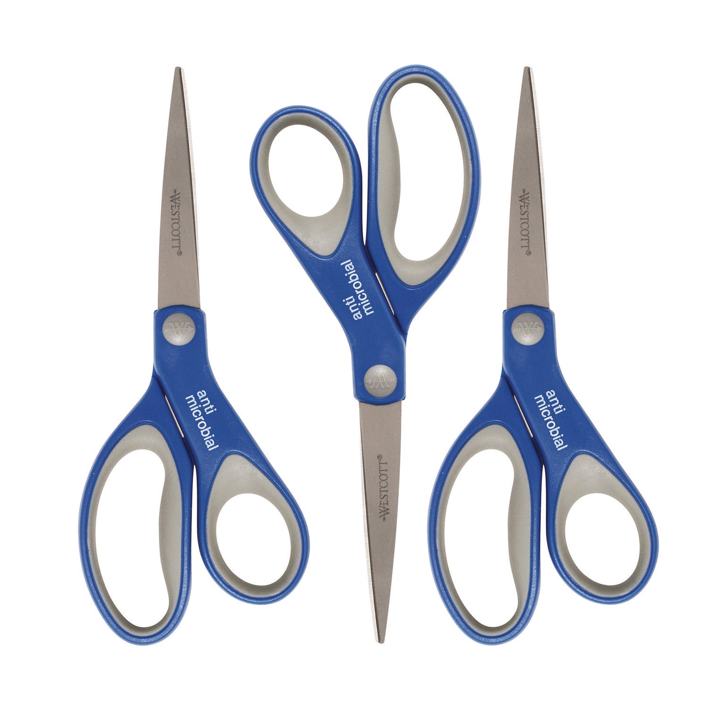 Westcott Scissors with Antimicrobial Protection, 8" Long, 3.25" Cut Length, Straight Blue/Gray Handle, 3/Pack (17837)