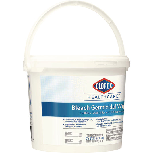 Clorox Healthcare Bleach Germicidal Wipes, 1-Ply, 12 x 12, Unscented, White, 110/Bucket (30358)