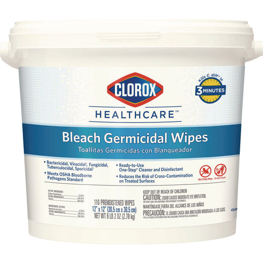 Clorox Healthcare Bleach Germicidal Wipes, 1-Ply, 12 x 12, Unscented, White, 110/Bucket (30358)