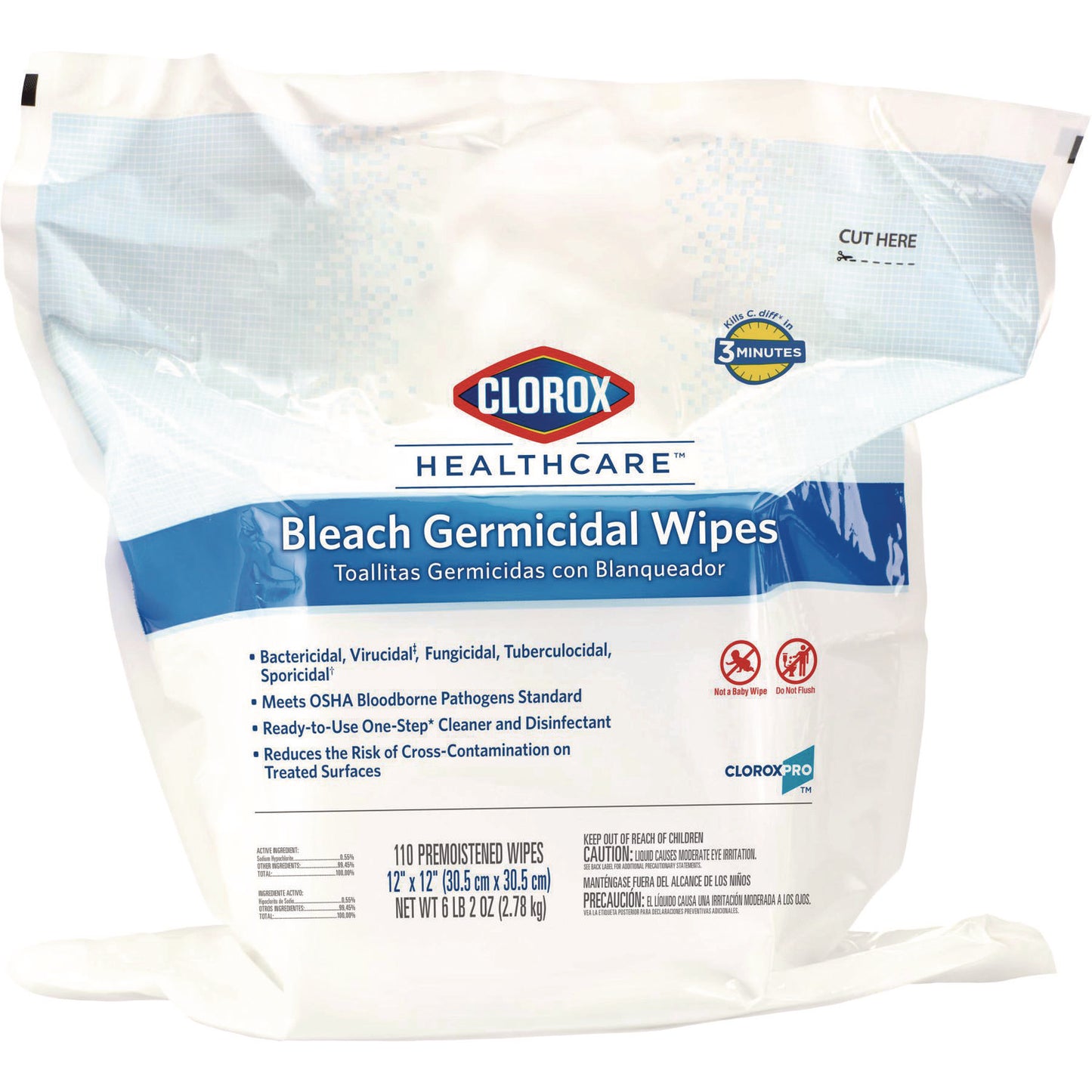 Clorox Healthcare Bleach Germicidal Wipes, 1-Ply, 12 x 12, Unscented, White, 110/Bag (30359)