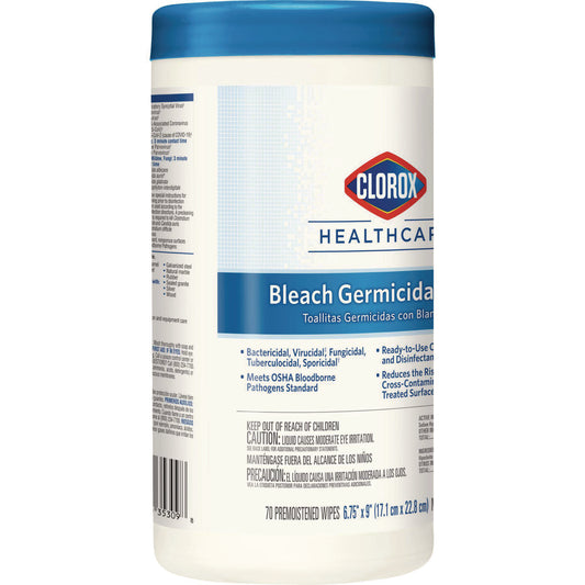 Clorox Healthcare Bleach Germicidal Wipes, 1-Ply, 6.75 x 9, Unscented, White, 70/Canister (35309)