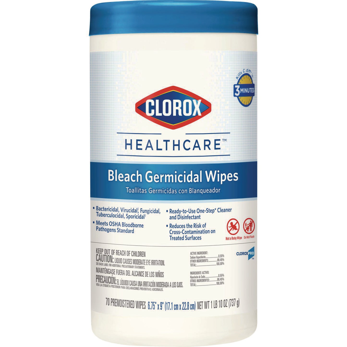 Clorox Healthcare Bleach Germicidal Wipes, 1-Ply, 6.75 x 9, Unscented, White, 70/Canister (35309)