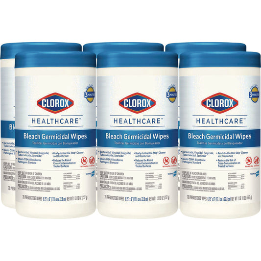 Clorox Healthcare Bleach Germicidal Wipes, 1-Ply, 6.75 x 9, Unscented, White, 70/Canister (35309CT)