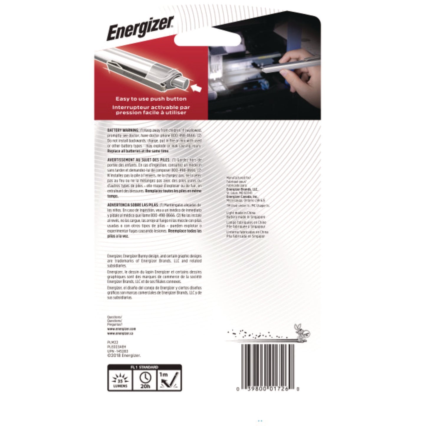Energizer LED Pen Light, 2 AAA Batteries (Included), Silver/Black (PLED23AEH)