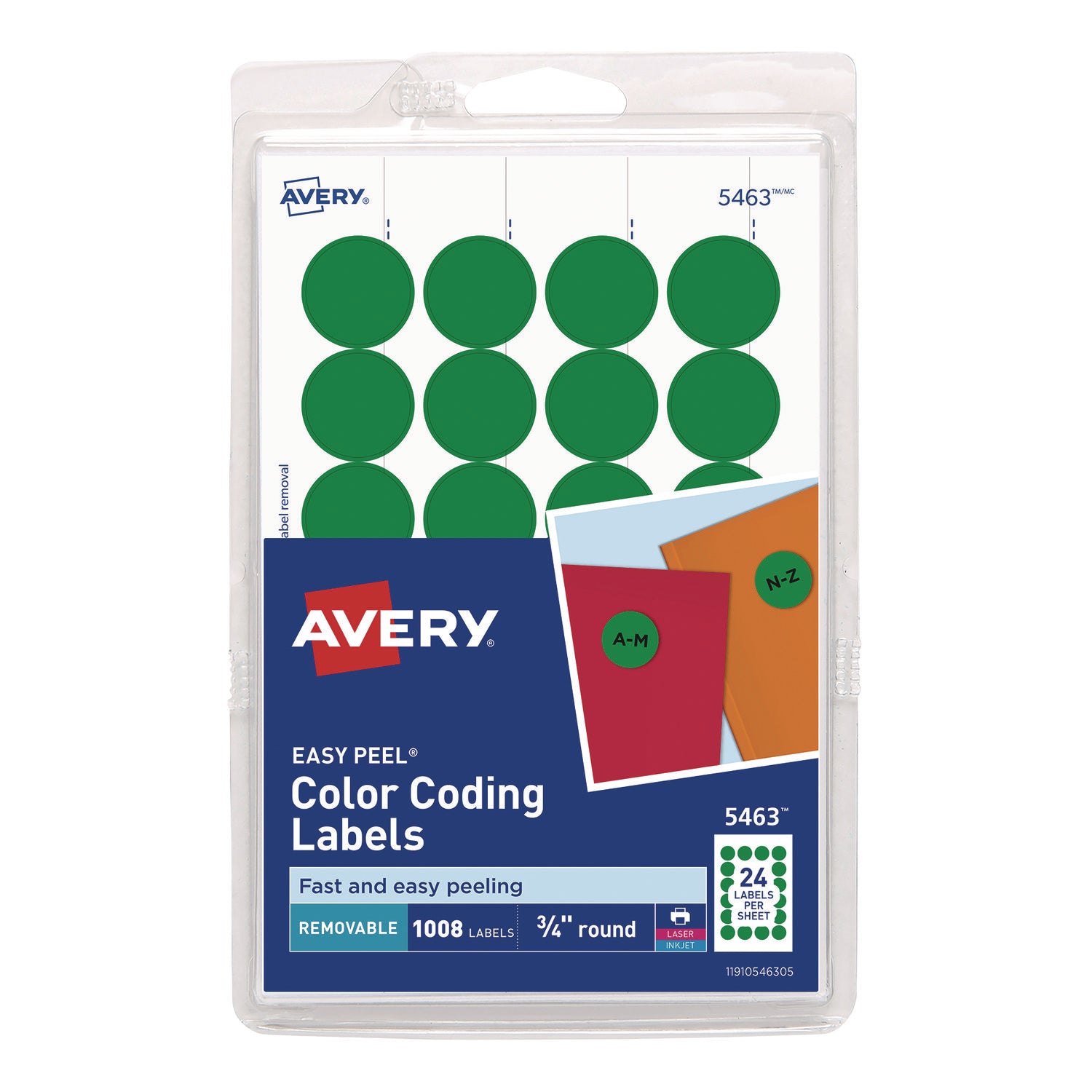 Avery Printable Self-Adhesive Removable Color-Coding Labels, 0.75" dia, Green, 24/Sheet, 42 Sheets/Pack, (5463) (05463)