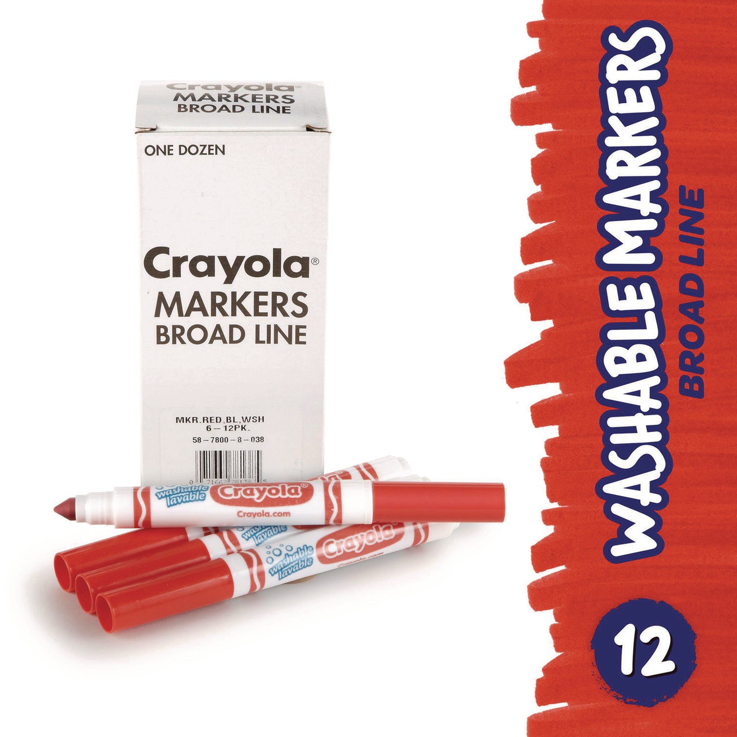 Crayola Broad Line Washable Markers, Broad Bullet Tip, Red, 12/Box (587800038)