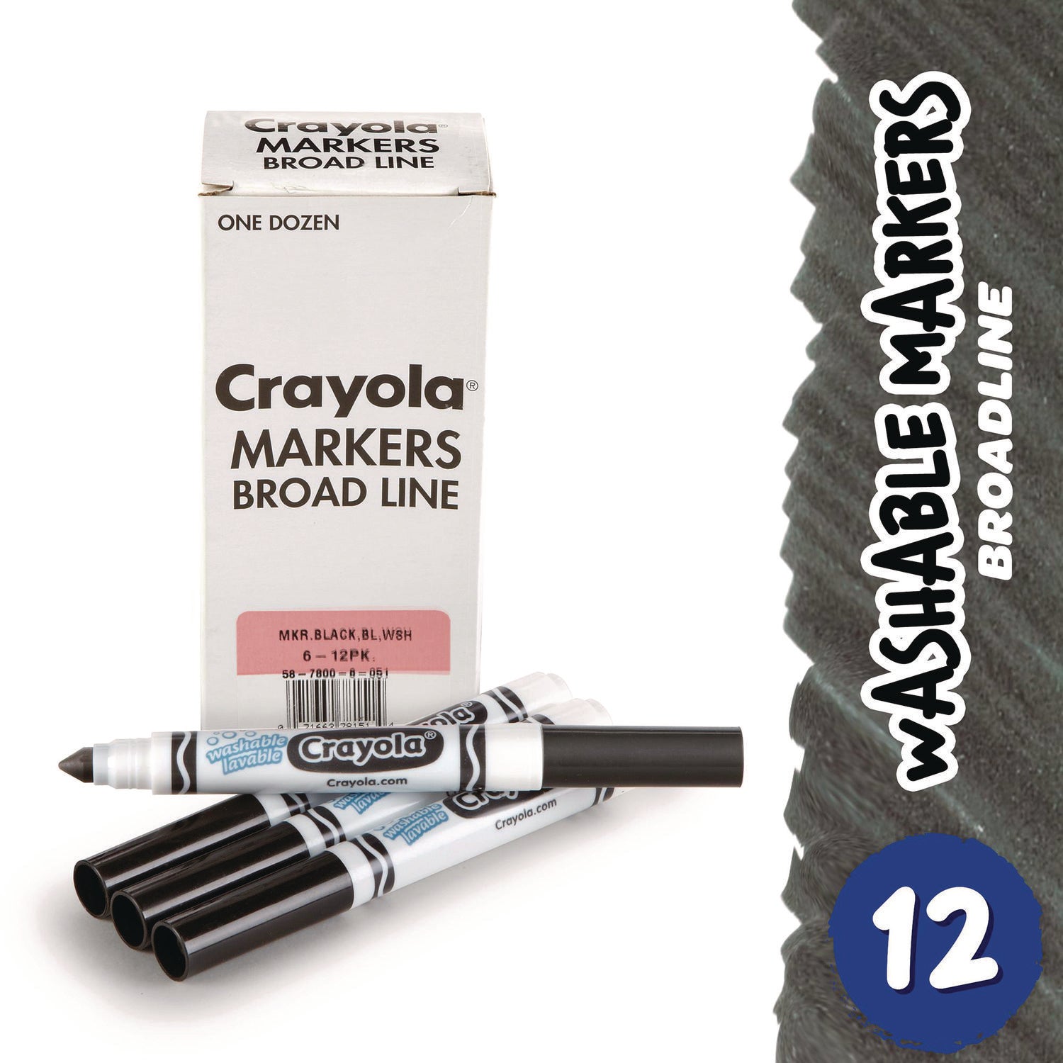 Crayola Broad Line Washable Markers, Broad Bullet Tip, Black, 12/Box (587800051)