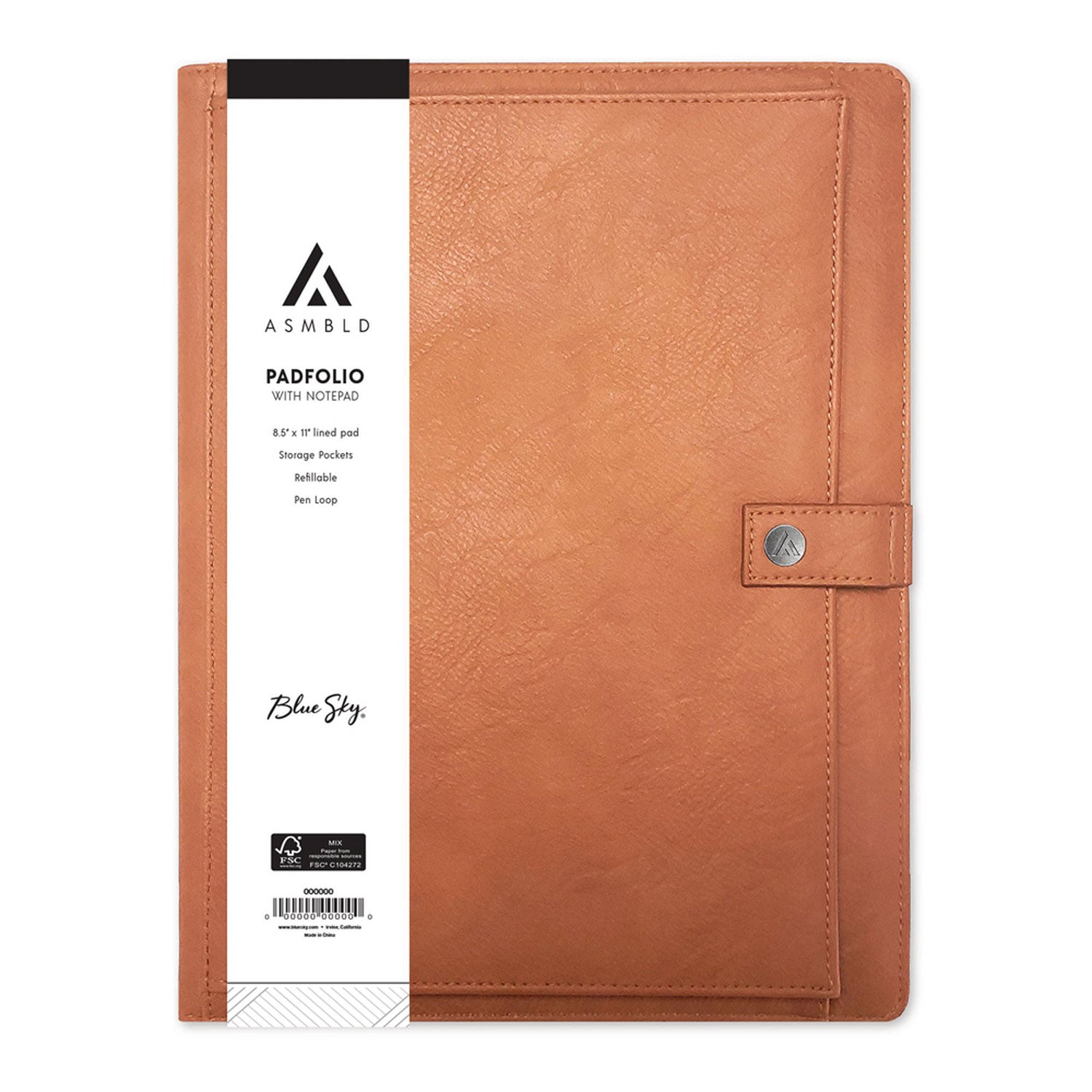 Blue Sky ASMBLD Professional Faux Leather Padfolio, 8.5 x 11 Pad, 9.45 x 12.13, Snap Closure, Tan (150537)