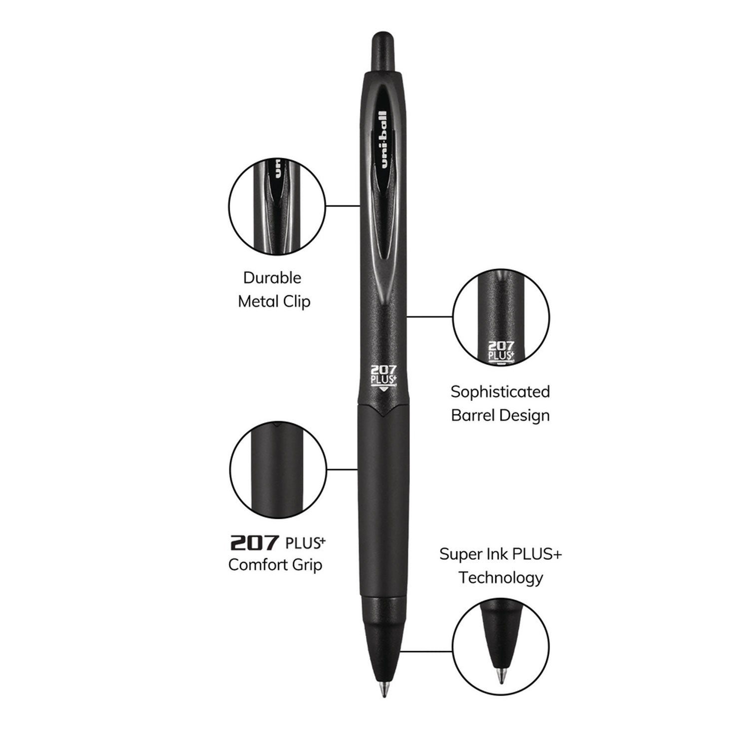 uni-ball 207 Plus+ Gel Pen, Retractable, Micro 0.5 mm, Black Ink, Black Barrel, Dozen (70606)