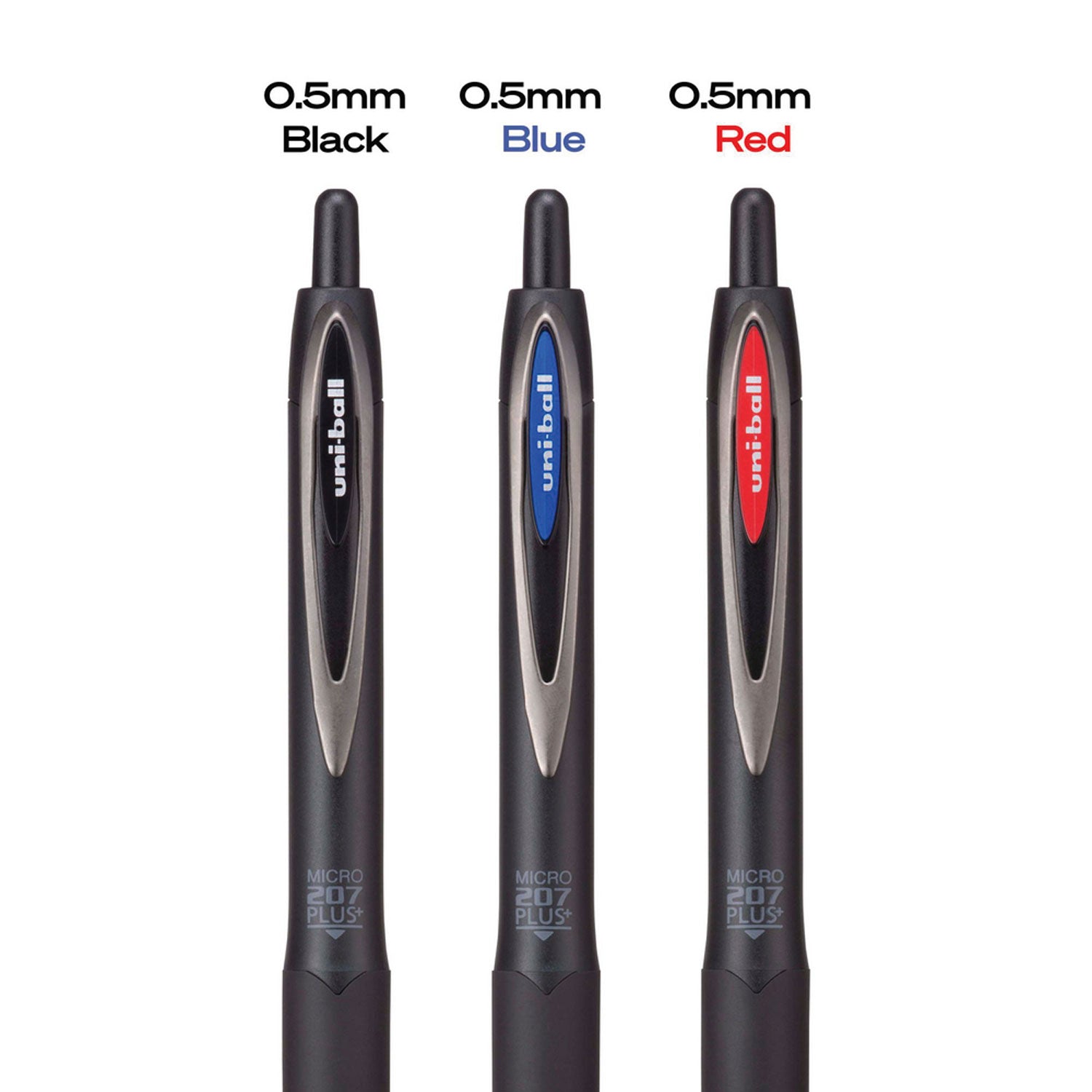 uni-ball 207 Plus+ Gel Pen, Retractable, Micro 0.5 mm, Black Ink, Black Barrel, Dozen (70606)