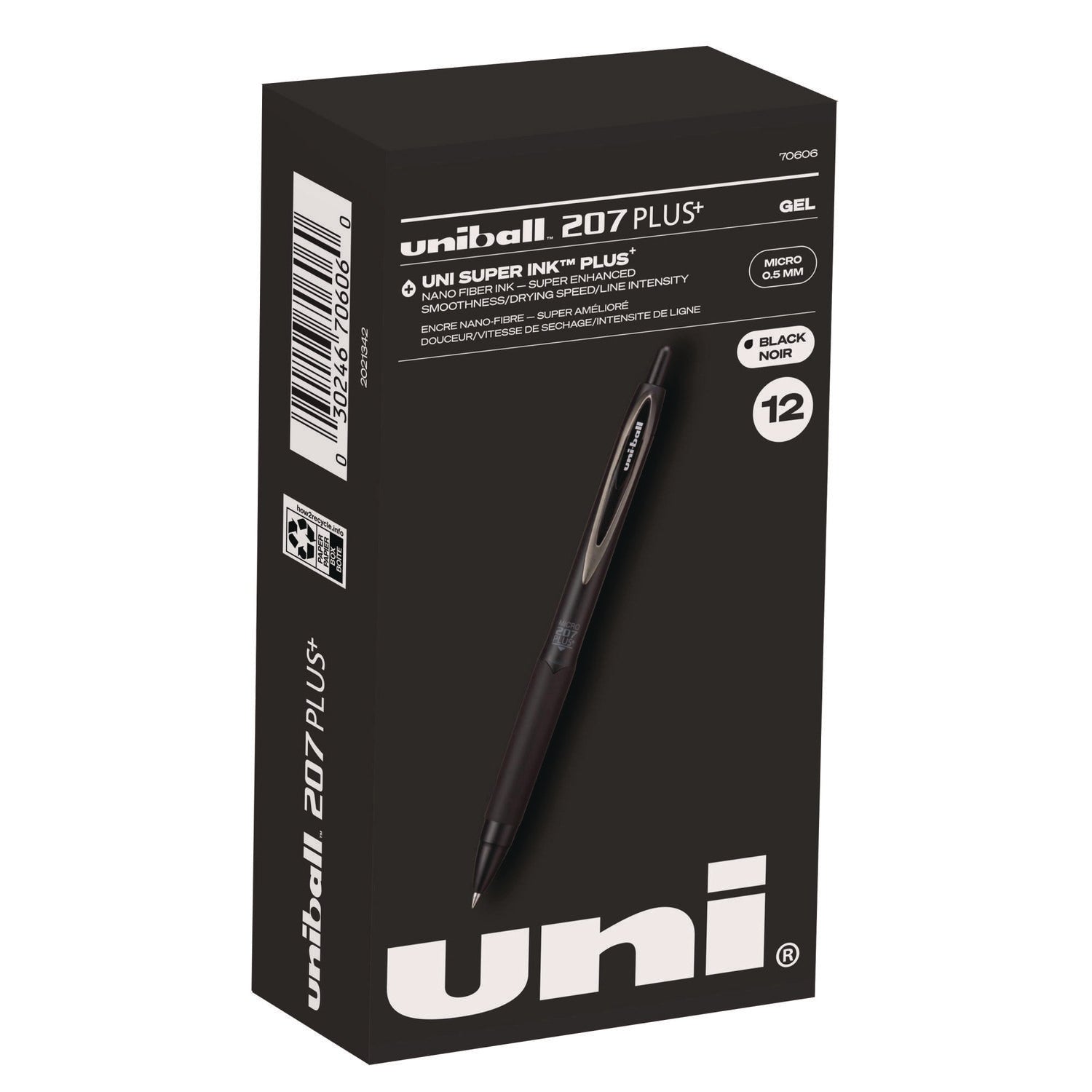 uni-ball 207 Plus+ Gel Pen, Retractable, Micro 0.5 mm, Black Ink, Black Barrel, Dozen (70606)