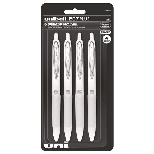 uni-ball 207 Plus+ Gel Pen, Retractable, Medium 0.7 mm, Black Ink, White Barrel, 4/Pack (70652)